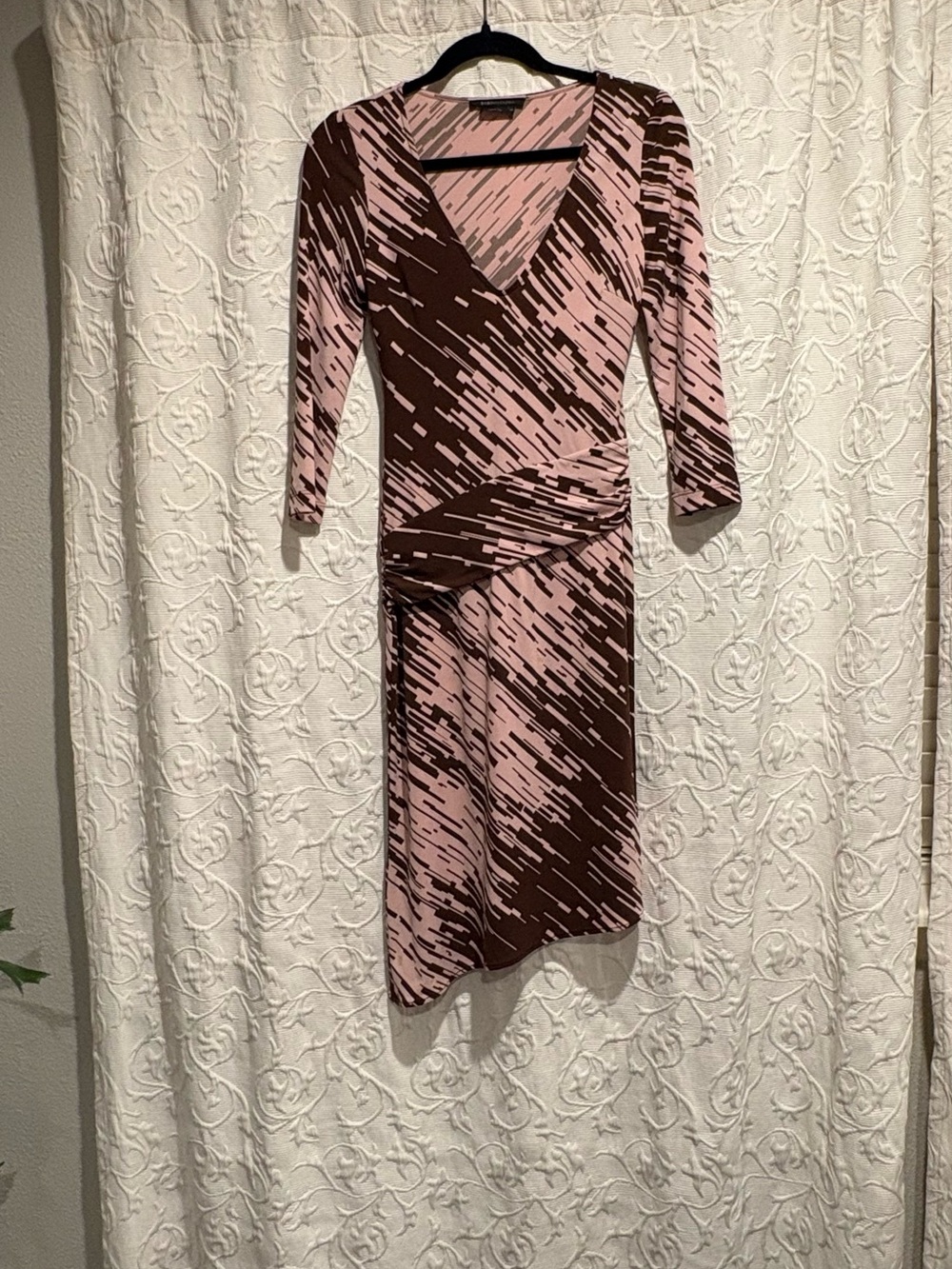 BCBGMaxAzria Pink and Brown Patterned Midi Wrap Dress